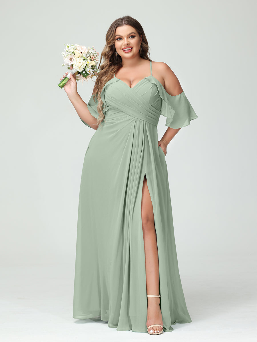 A-Line/Princess Spaghetti Straps Short Sleeves Chiffon Ruched Split Side Plus Size Bridesmaid Dresses with Pockets - Image 10