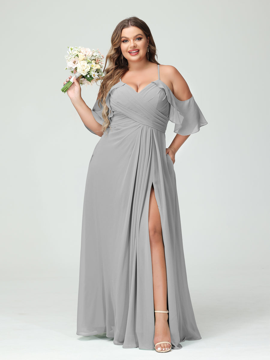 A-Line/Princess Spaghetti Straps Short Sleeves Chiffon Ruched Split Side Plus Size Bridesmaid Dresses with Pockets - Image 22