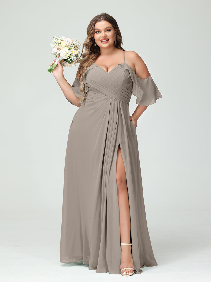 A-Line/Princess Spaghetti Straps Short Sleeves Chiffon Ruched Split Side Plus Size Bridesmaid Dresses with Pockets - Image 73