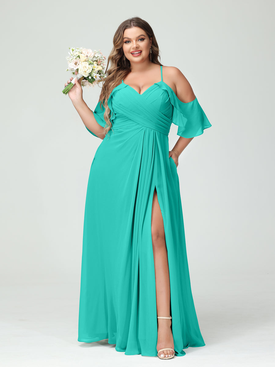 A-Line/Princess Spaghetti Straps Short Sleeves Chiffon Ruched Split Side Plus Size Bridesmaid Dresses with Pockets - Image 63
