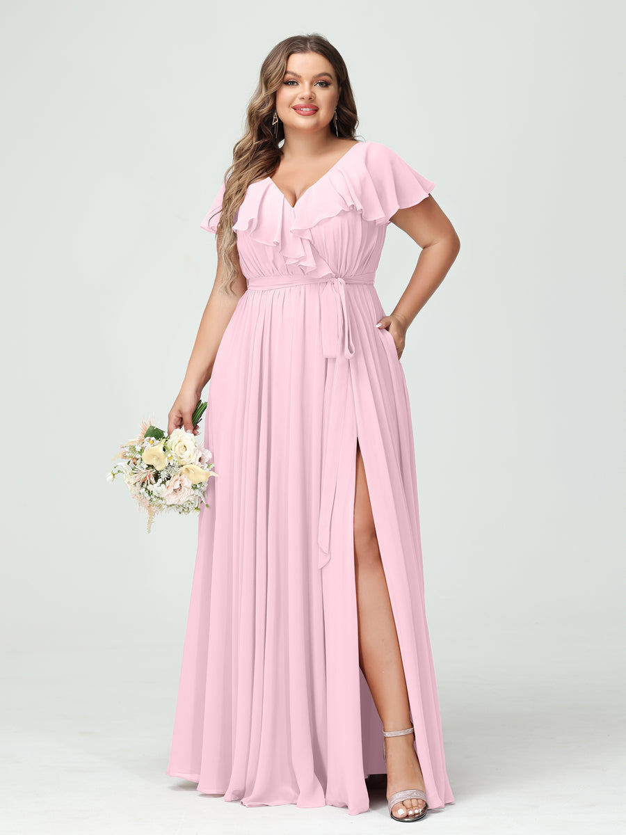 A-Line/Princess V-Neck Short Sleeves Chiffon Ruffles Plus Size Bridesmaid Dresses With Pockets - 이미지 25