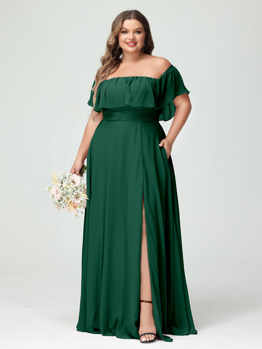 A-Line/Princess Off-the-Shoulder Short Sleeves Chiffon Split Side Plus Size Bridesmaid Dresses with Pockets - 画像 (11)