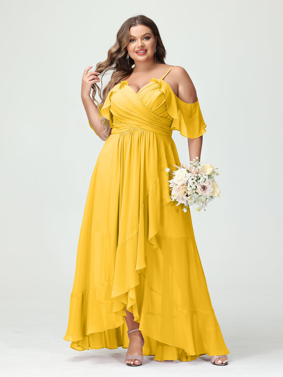 A-Line/Princess Spaghetti Straps V-Neck Short Sleeves Chiffon Ruffles Asymmetrical Plus Size Bridesmaid Dresses - 이미지 71