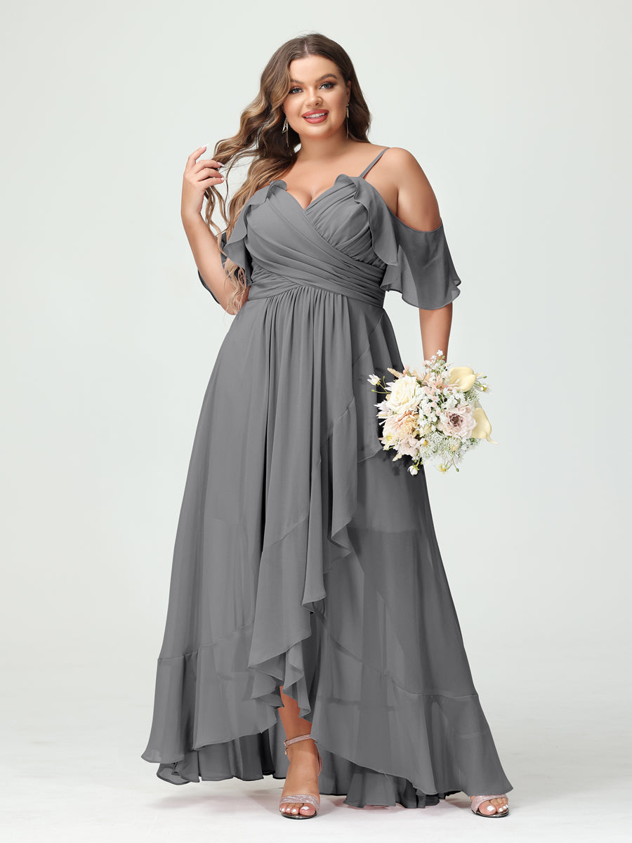 A-Line/Princess Spaghetti Straps V-Neck Short Sleeves Chiffon Ruffles Asymmetrical Plus Size Bridesmaid Dresses - 이미지 75