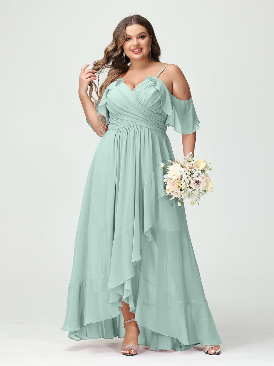 A-Line/Princess Spaghetti Straps V-Neck Short Sleeves Chiffon Ruffles Asymmetrical Plus Size Bridesmaid Dresses - 이미지 60