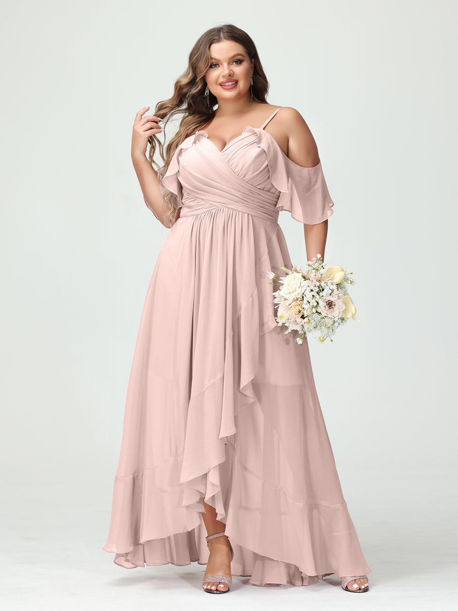 A-Line/Princess Spaghetti Straps V-Neck Short Sleeves Chiffon Ruffles Asymmetrical Plus Size Bridesmaid Dresses - 이미지 26