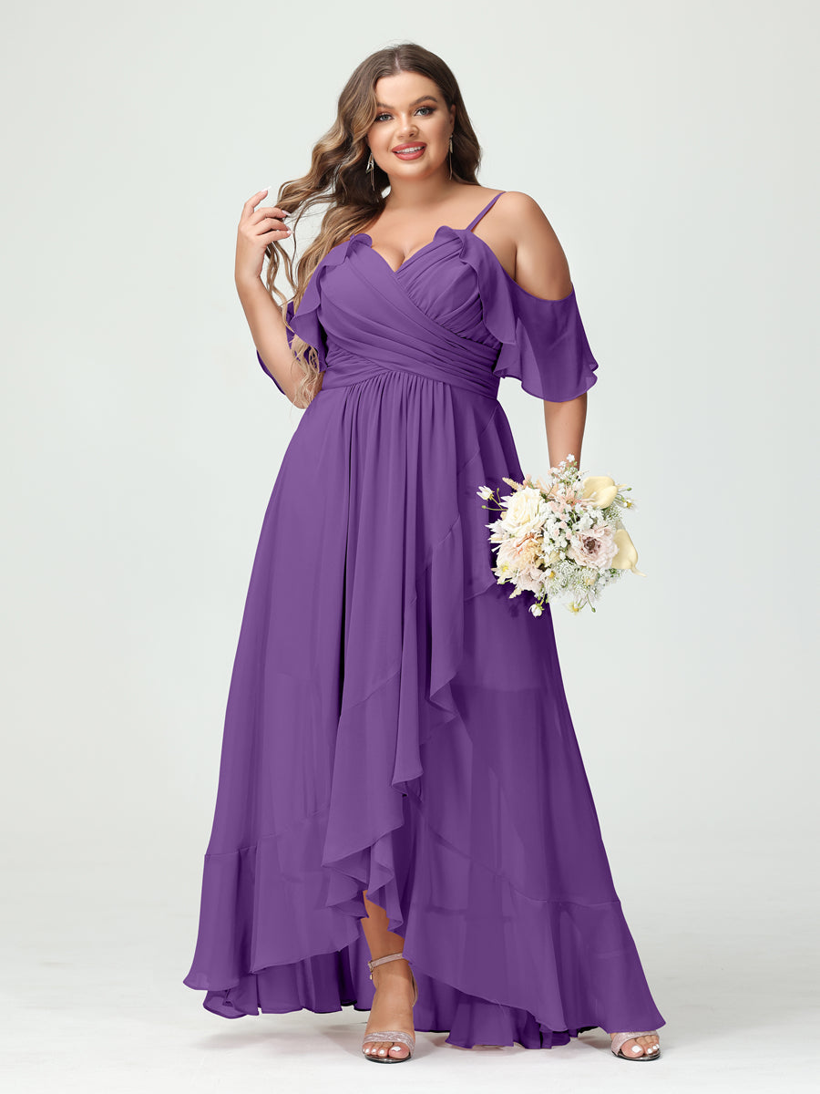 A-Line/Princess Spaghetti Straps V-Neck Short Sleeves Chiffon Ruffles Asymmetrical Plus Size Bridesmaid Dresses - 이미지 42
