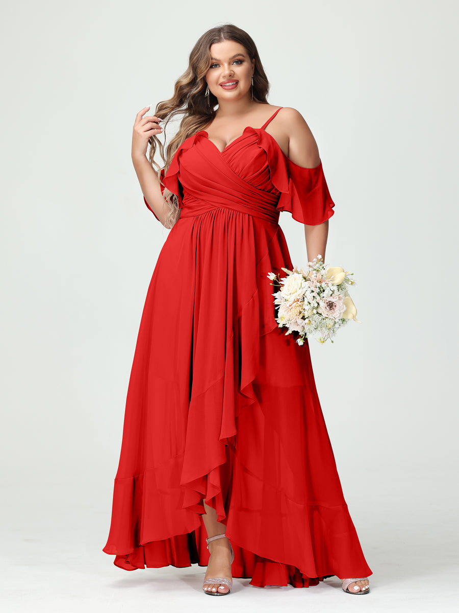 A-Line/Princess Spaghetti Straps V-Neck Short Sleeves Chiffon Ruffles Asymmetrical Plus Size Bridesmaid Dresses - 이미지 36