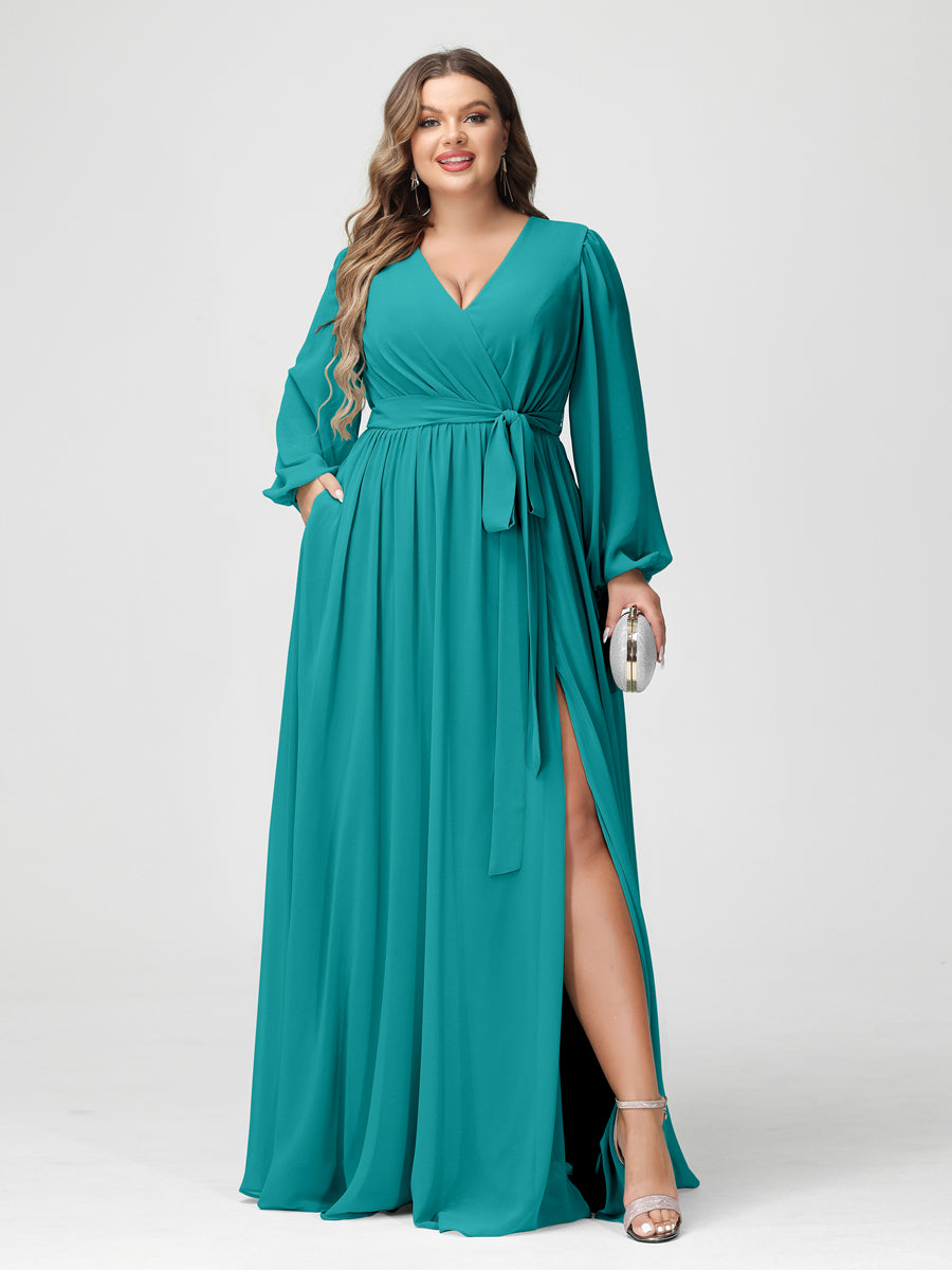 A-Line/Princess V-Neck Long Sleeves Chiffon Plus Size Bridesmaid Dresses with Pockets - Image 52
