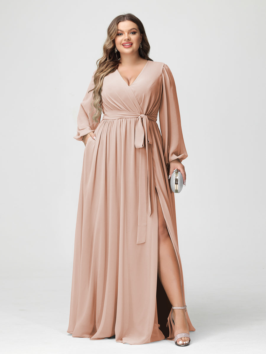 A-Line/Princess V-Neck Long Sleeves Chiffon Plus Size Bridesmaid Dresses with Pockets - Image 28