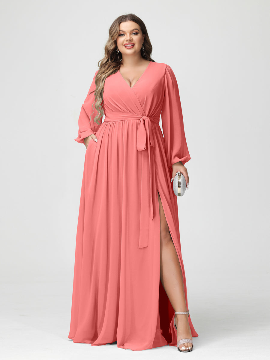 A-Line/Princess V-Neck Long Sleeves Chiffon Plus Size Bridesmaid Dresses with Pockets - Image 32