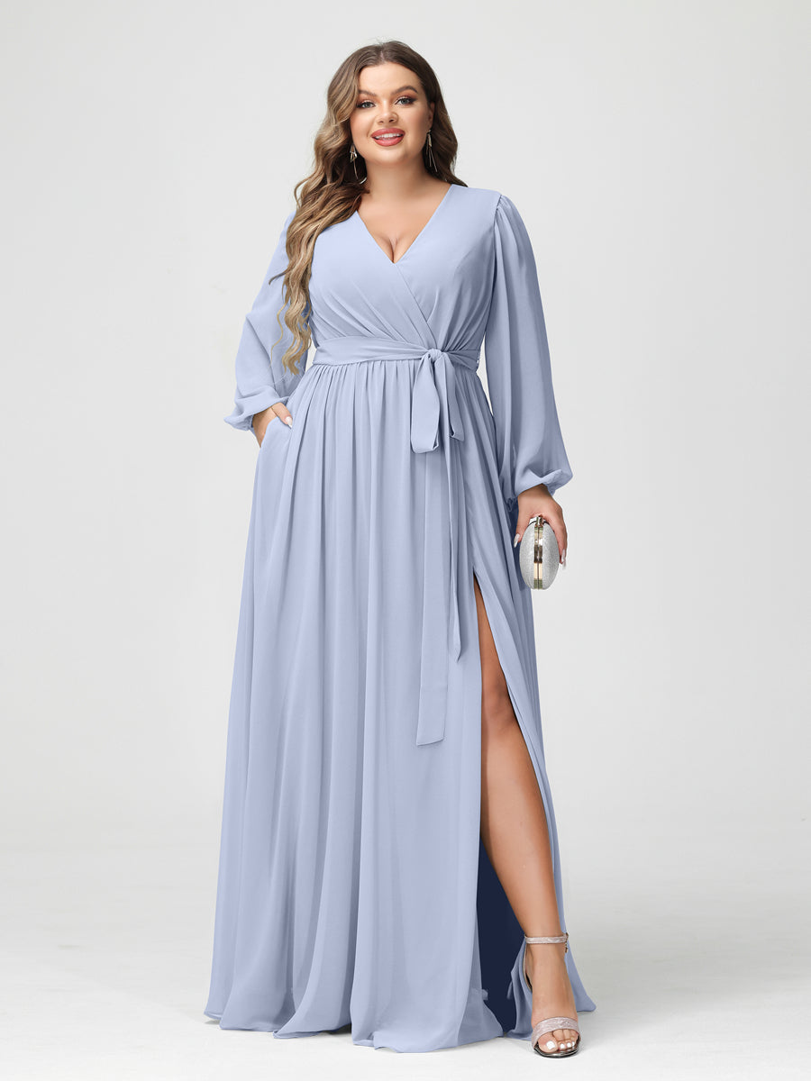 A-Line/Princess V-Neck Long Sleeves Chiffon Plus Size Bridesmaid Dresses with Pockets - Image 48