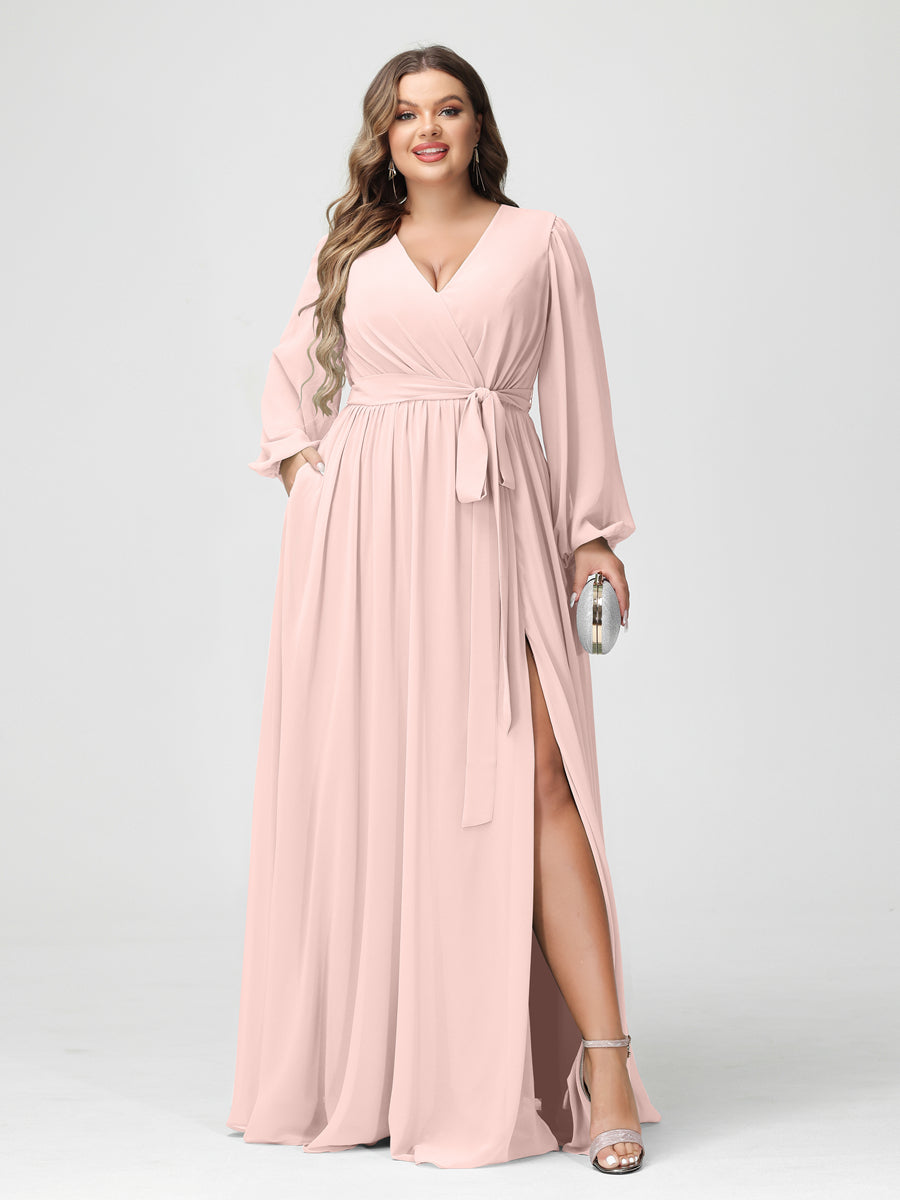 A-Line/Princess V-Neck Long Sleeves Chiffon Plus Size Bridesmaid Dresses with Pockets - Image 27