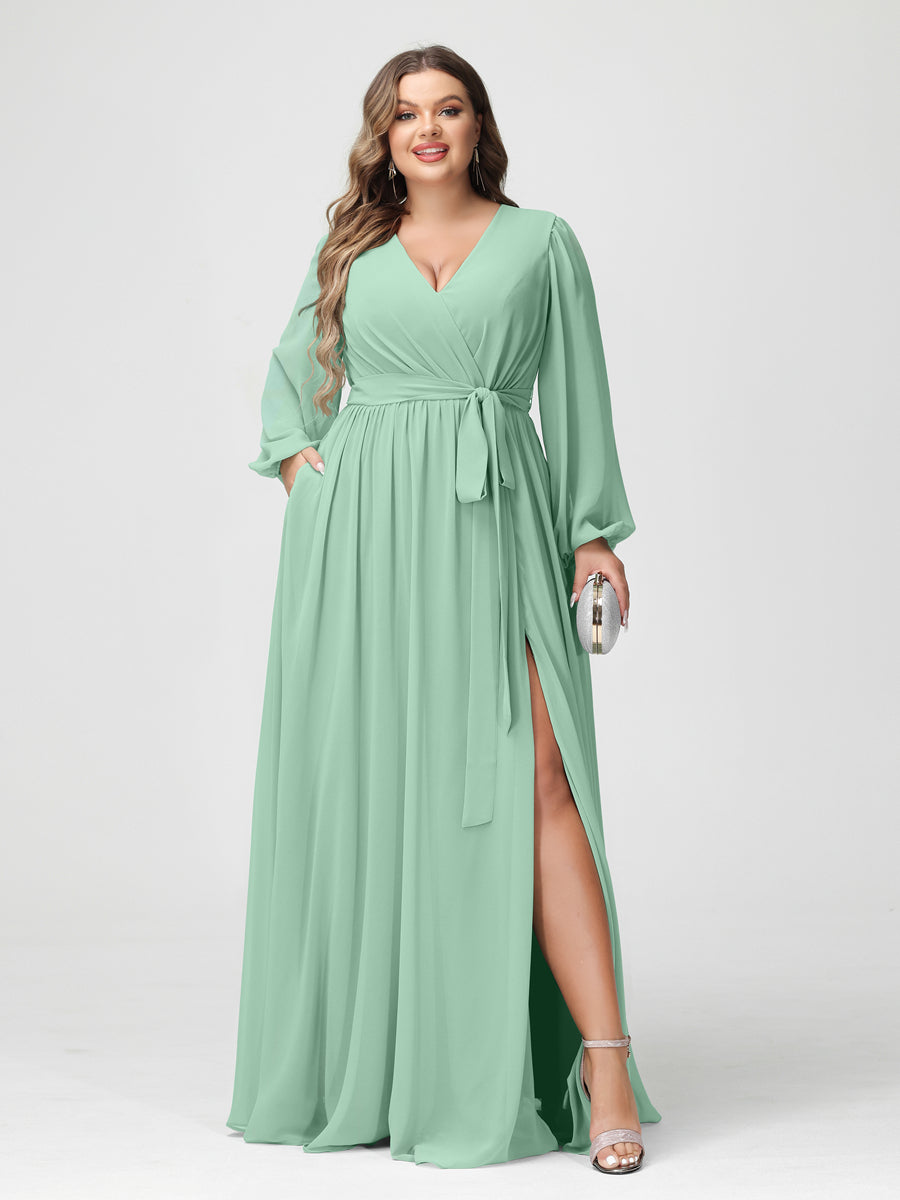 A-Line/Princess V-Neck Long Sleeves Chiffon Plus Size Bridesmaid Dresses with Pockets - Image 61