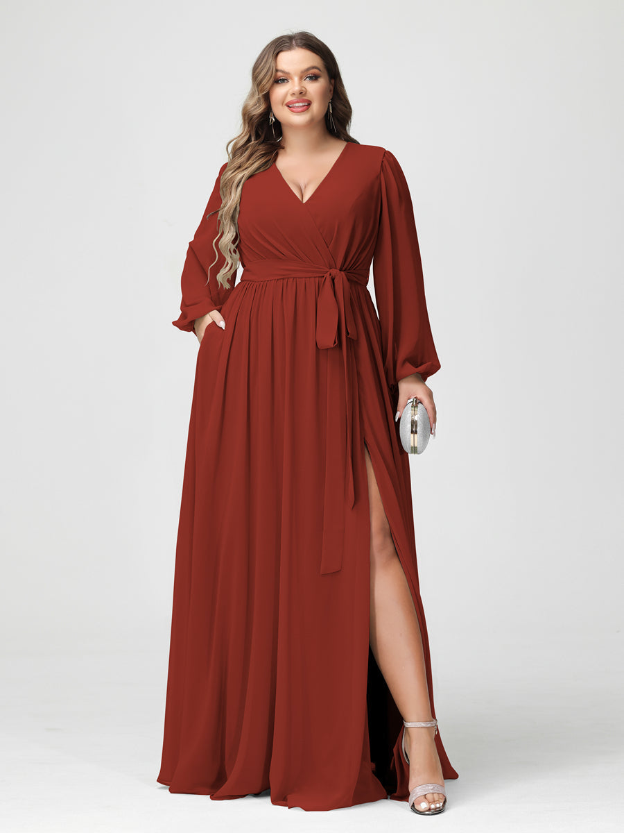 A-Line/Princess V-Neck Long Sleeves Chiffon Plus Size Bridesmaid Dresses with Pockets - Image 13