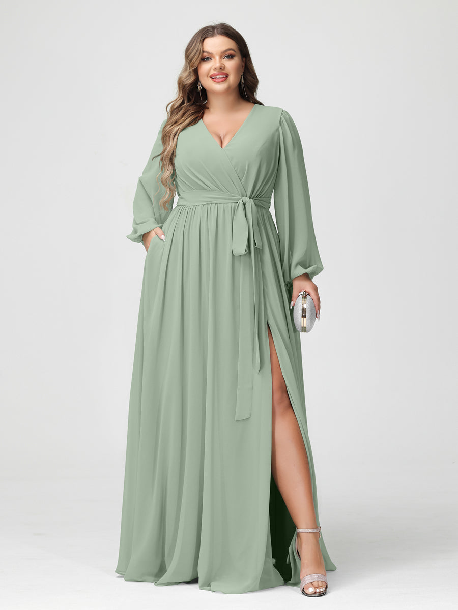 A-Line/Princess V-Neck Long Sleeves Chiffon Plus Size Bridesmaid Dresses with Pockets - Image 10