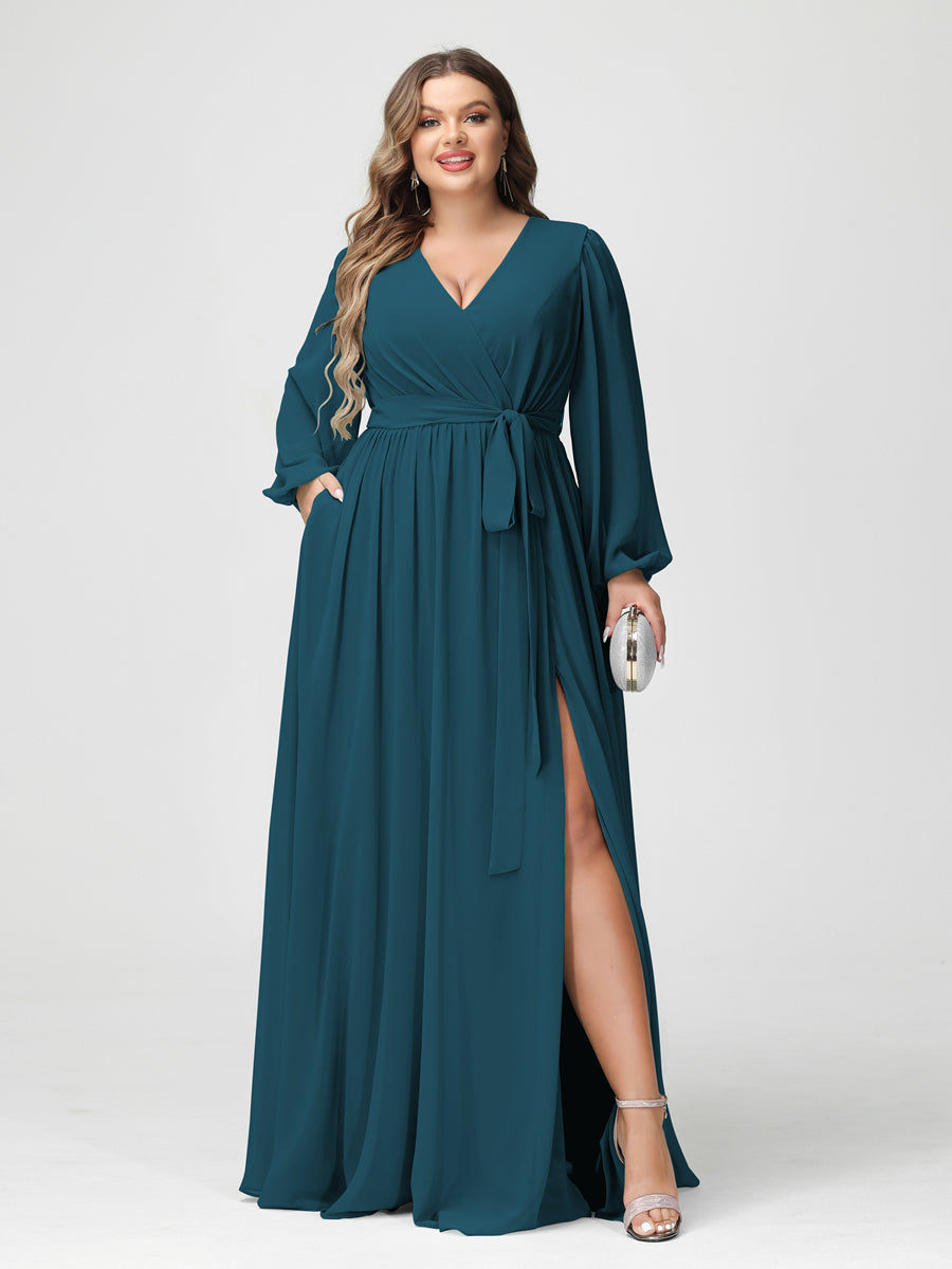 A-Line/Princess V-Neck Long Sleeves Chiffon Plus Size Bridesmaid Dresses with Pockets - Image 58