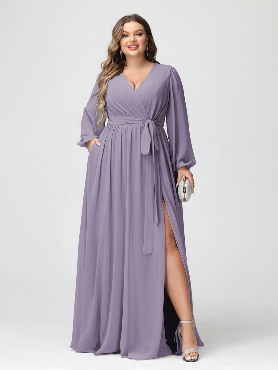 A-Line/Princess V-Neck Long Sleeves Chiffon Plus Size Bridesmaid Dresses with Pockets - Image 39