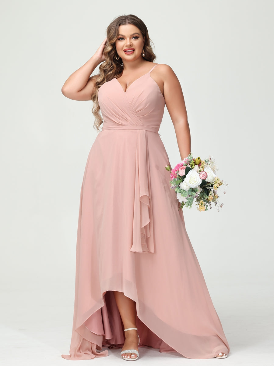 A-Line/Princess Spaghetti Straps Chiffon Ruffles Asymmetrical Plus Size Bridesmaid Dresses with Pockets - 이미지 7