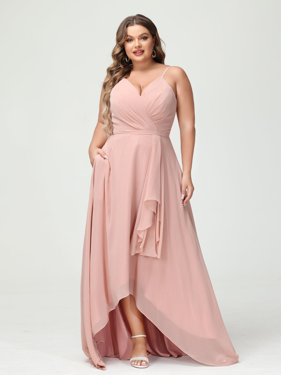 A-Line/Princess Spaghetti Straps Chiffon Ruffles Asymmetrical Plus Size Bridesmaid Dresses with Pockets - 이미지 4