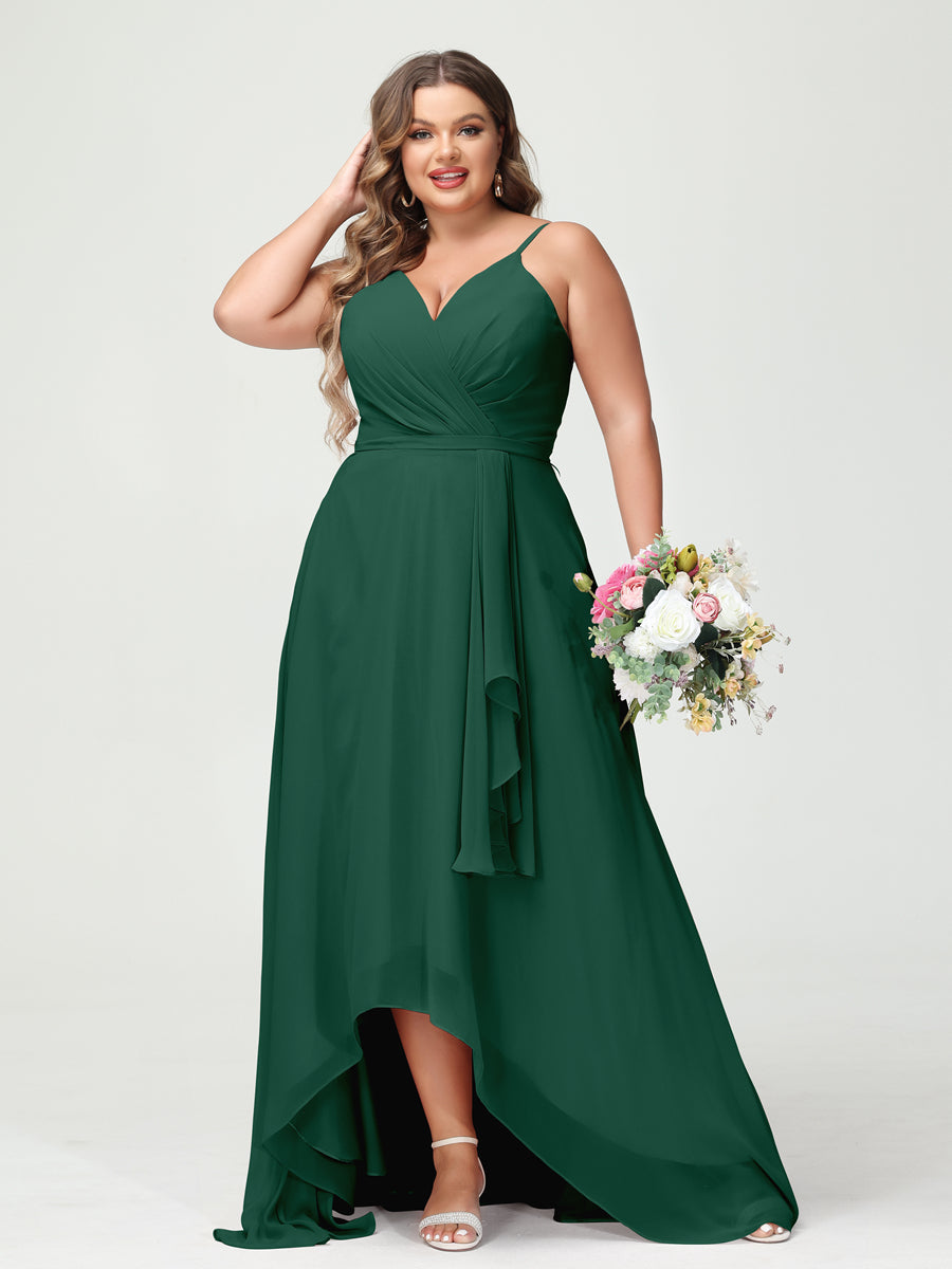 A-Line/Princess Spaghetti Straps Chiffon Ruffles Asymmetrical Plus Size Bridesmaid Dresses with Pockets - 이미지 12