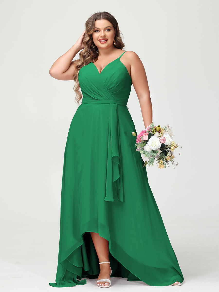 A-Line/Princess Spaghetti Straps Chiffon Ruffles Asymmetrical Plus Size Bridesmaid Dresses with Pockets - 이미지 65