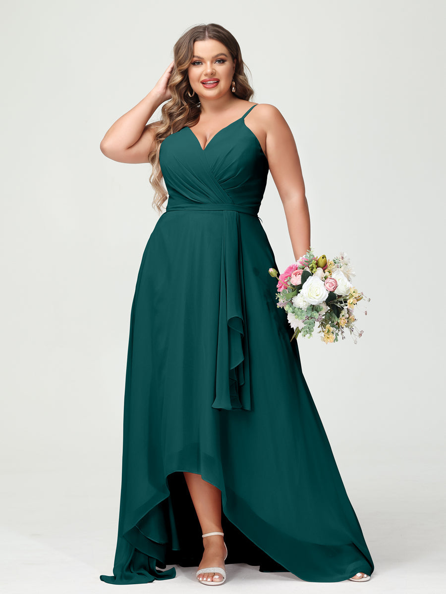 A-Line/Princess Spaghetti Straps Chiffon Ruffles Asymmetrical Plus Size Bridesmaid Dresses with Pockets - 이미지 67