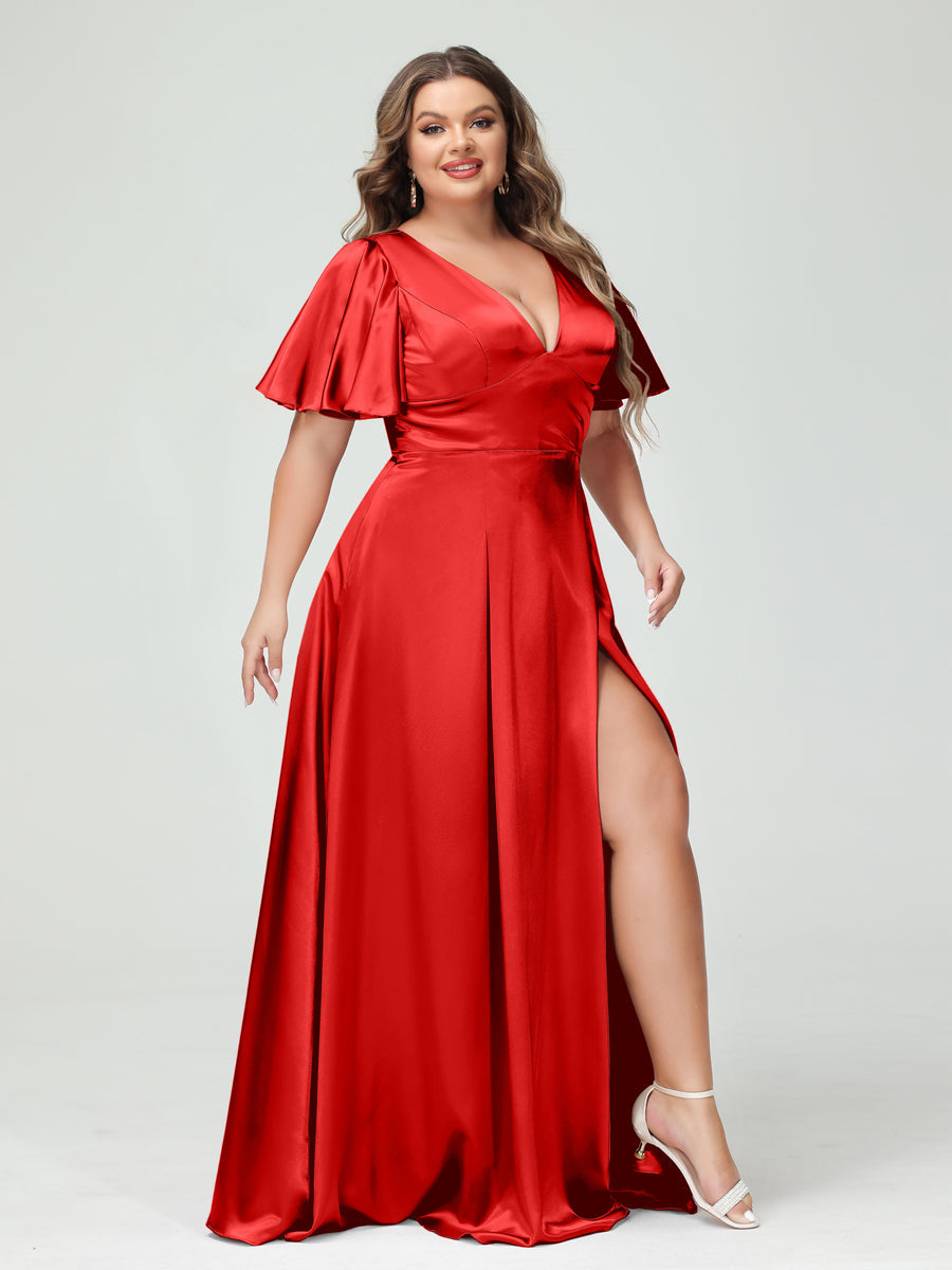 A-Line V-Neck Half Sleeves Silk Satin Plus Size Bridesmaid Dresses with Pockets - 画像 (29)
