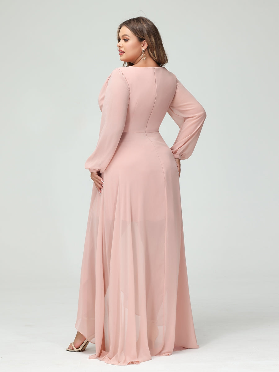 A-Line/Princess V-Neck Long Sleeves Chiffon Ruched Asymmetrical Plus Size Bridesmaid Dresses with Pockets - 画像 (2)
