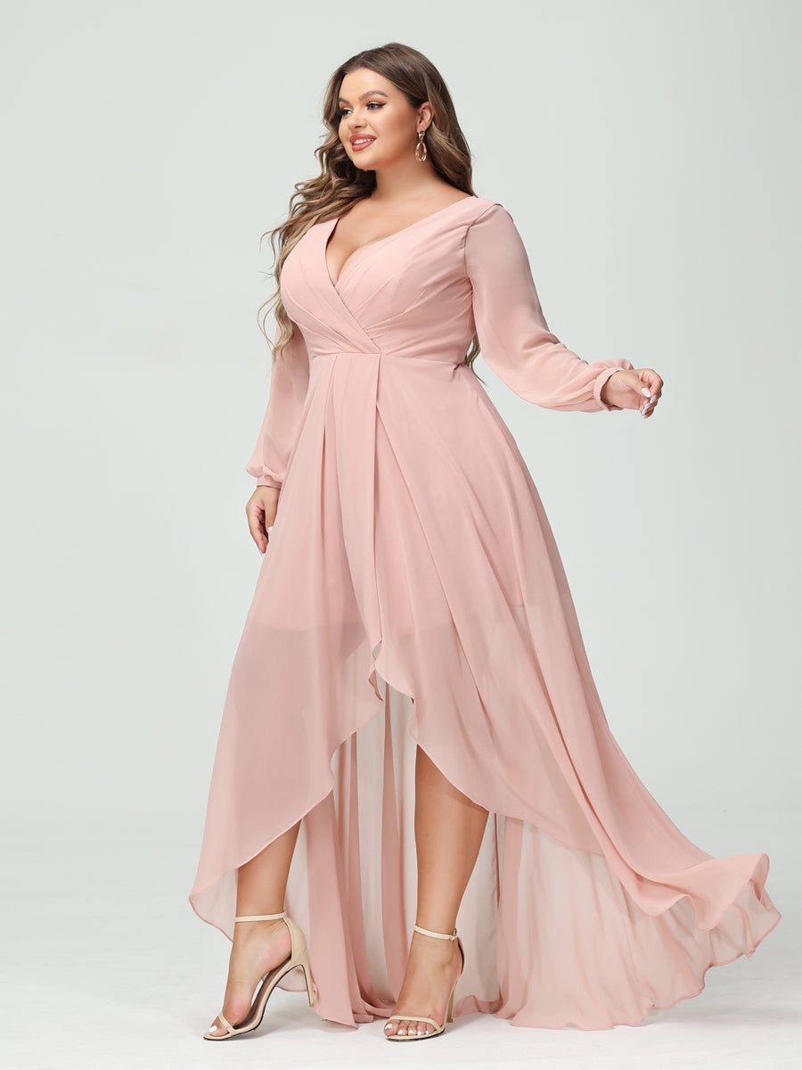 A-Line/Princess V-Neck Long Sleeves Chiffon Ruched Asymmetrical Plus Size Bridesmaid Dresses with Pockets - 画像 (6)