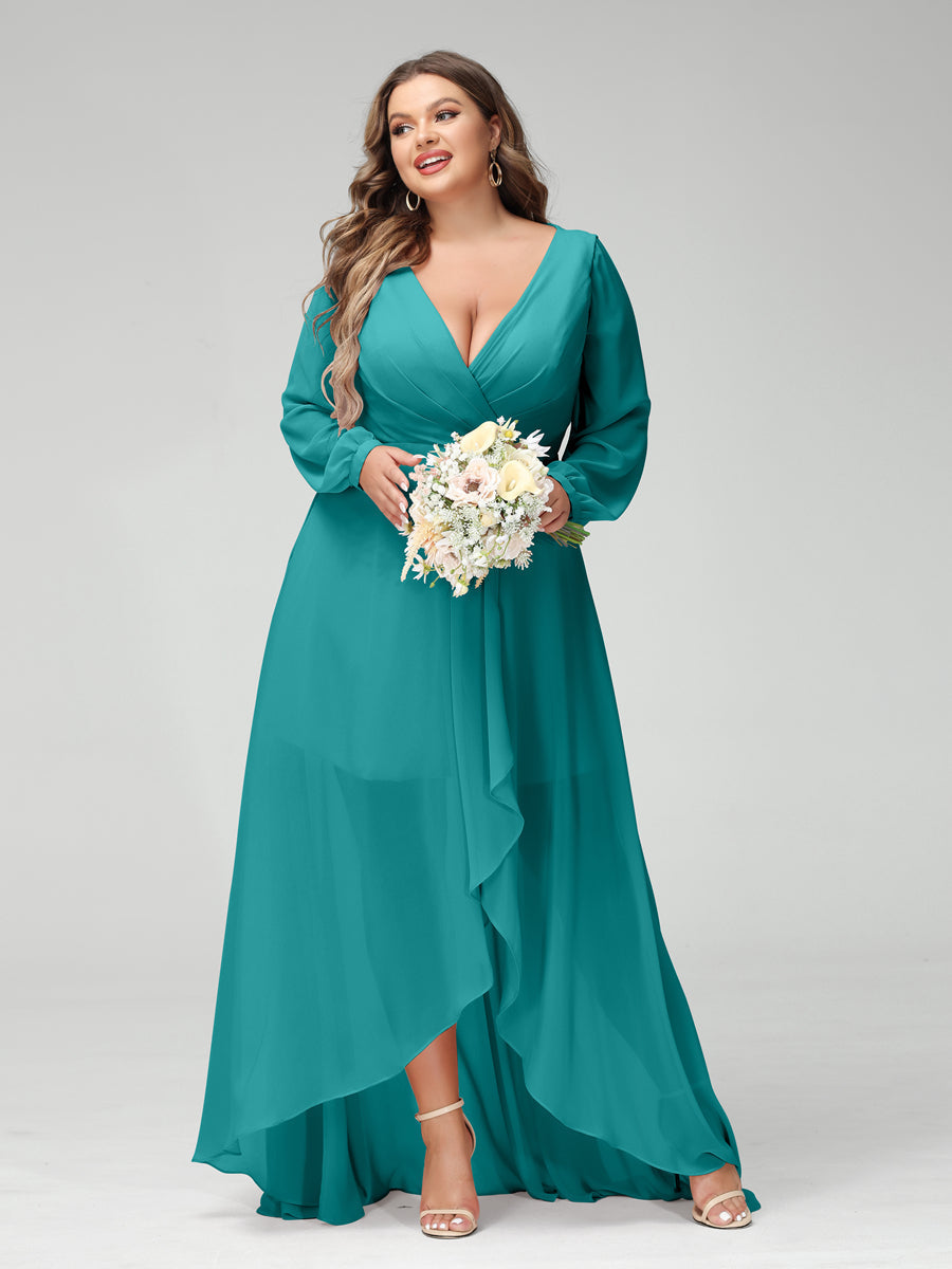 A-Line/Princess V-Neck Long Sleeves Chiffon Ruched Asymmetrical Plus Size Bridesmaid Dresses with Pockets - 画像 (51)