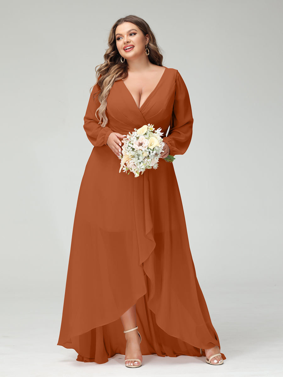 A-Line/Princess V-Neck Long Sleeves Chiffon Ruched Asymmetrical Plus Size Bridesmaid Dresses with Pockets - 画像 (8)