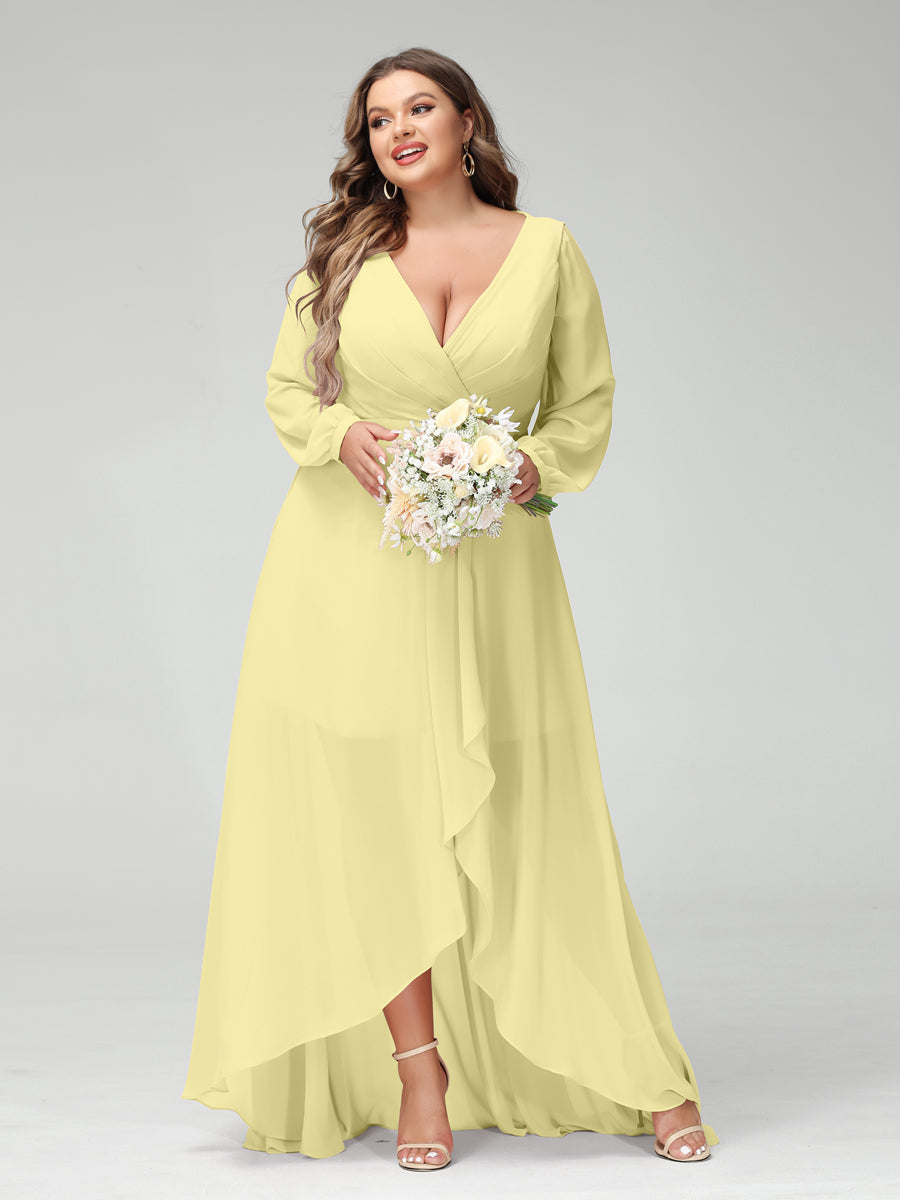 A-Line/Princess V-Neck Long Sleeves Chiffon Ruched Asymmetrical Plus Size Bridesmaid Dresses with Pockets - 画像 (68)