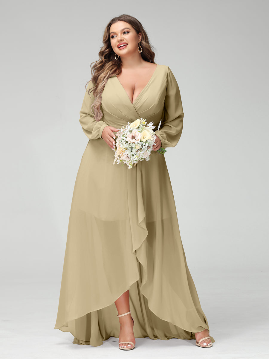 A-Line/Princess V-Neck Long Sleeves Chiffon Ruched Asymmetrical Plus Size Bridesmaid Dresses with Pockets - 画像 (23)