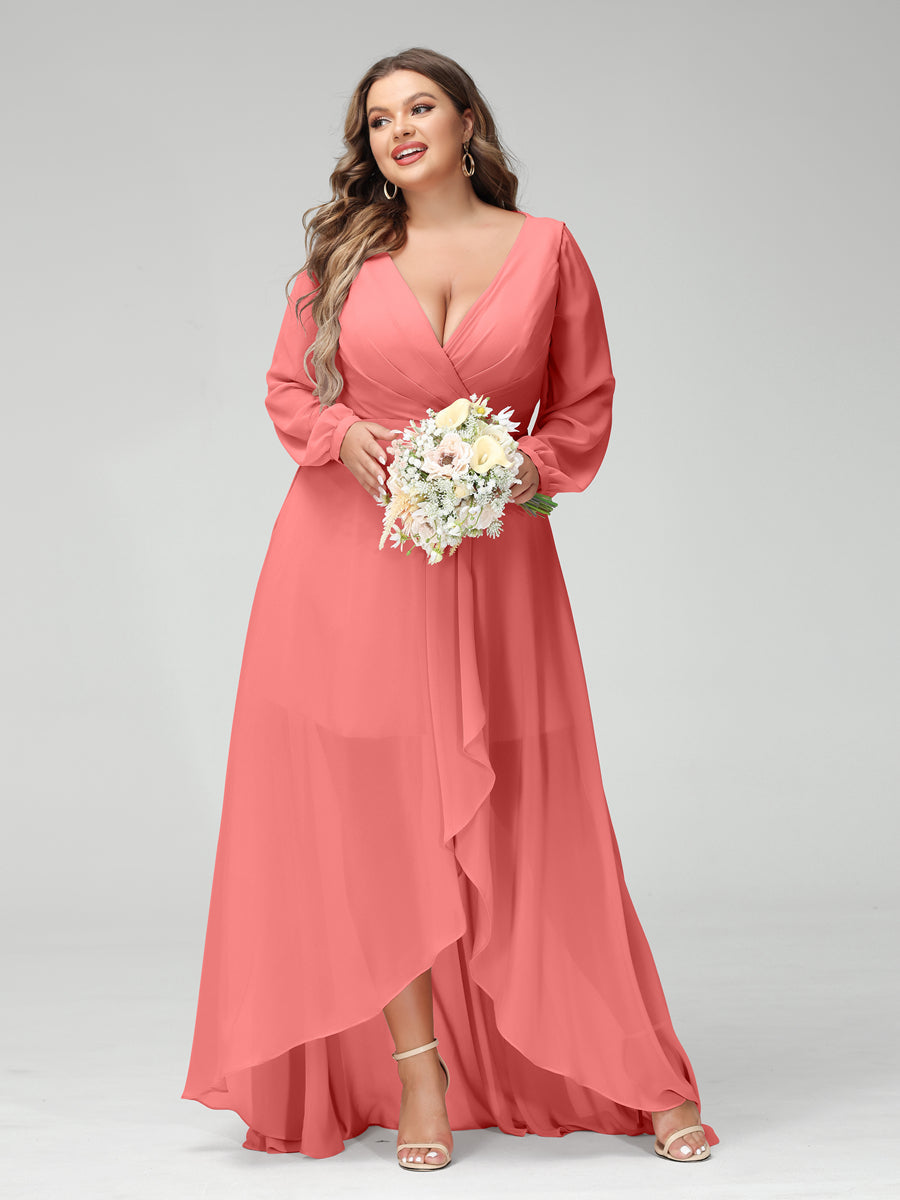 A-Line/Princess V-Neck Long Sleeves Chiffon Ruched Asymmetrical Plus Size Bridesmaid Dresses with Pockets - 画像 (31)
