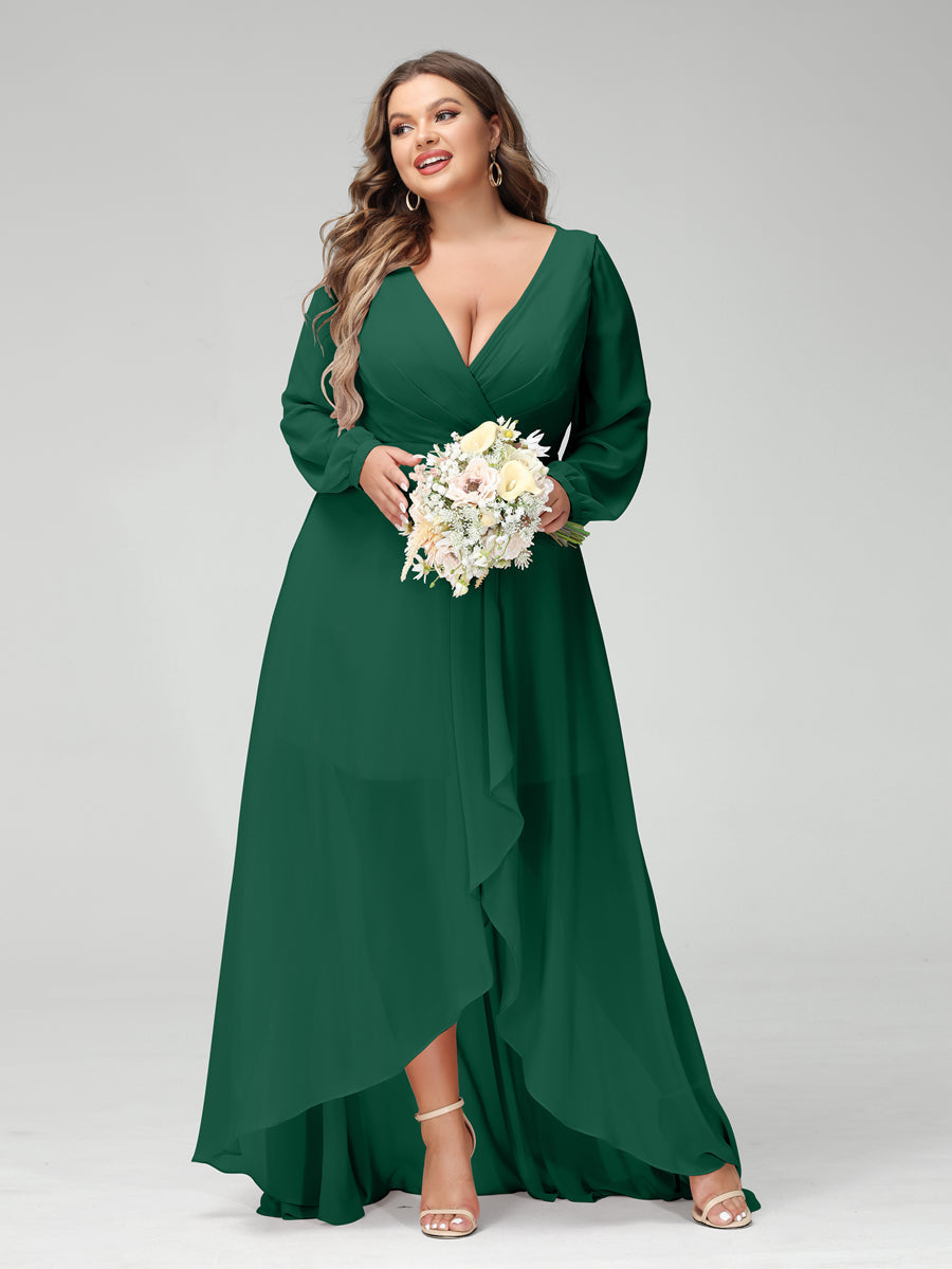 A-Line/Princess V-Neck Long Sleeves Chiffon Ruched Asymmetrical Plus Size Bridesmaid Dresses with Pockets - 画像 (10)