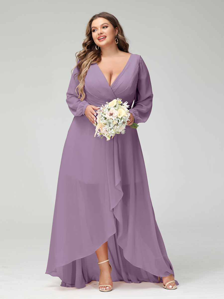 A-Line/Princess V-Neck Long Sleeves Chiffon Ruched Asymmetrical Plus Size Bridesmaid Dresses with Pockets - 画像 (39)
