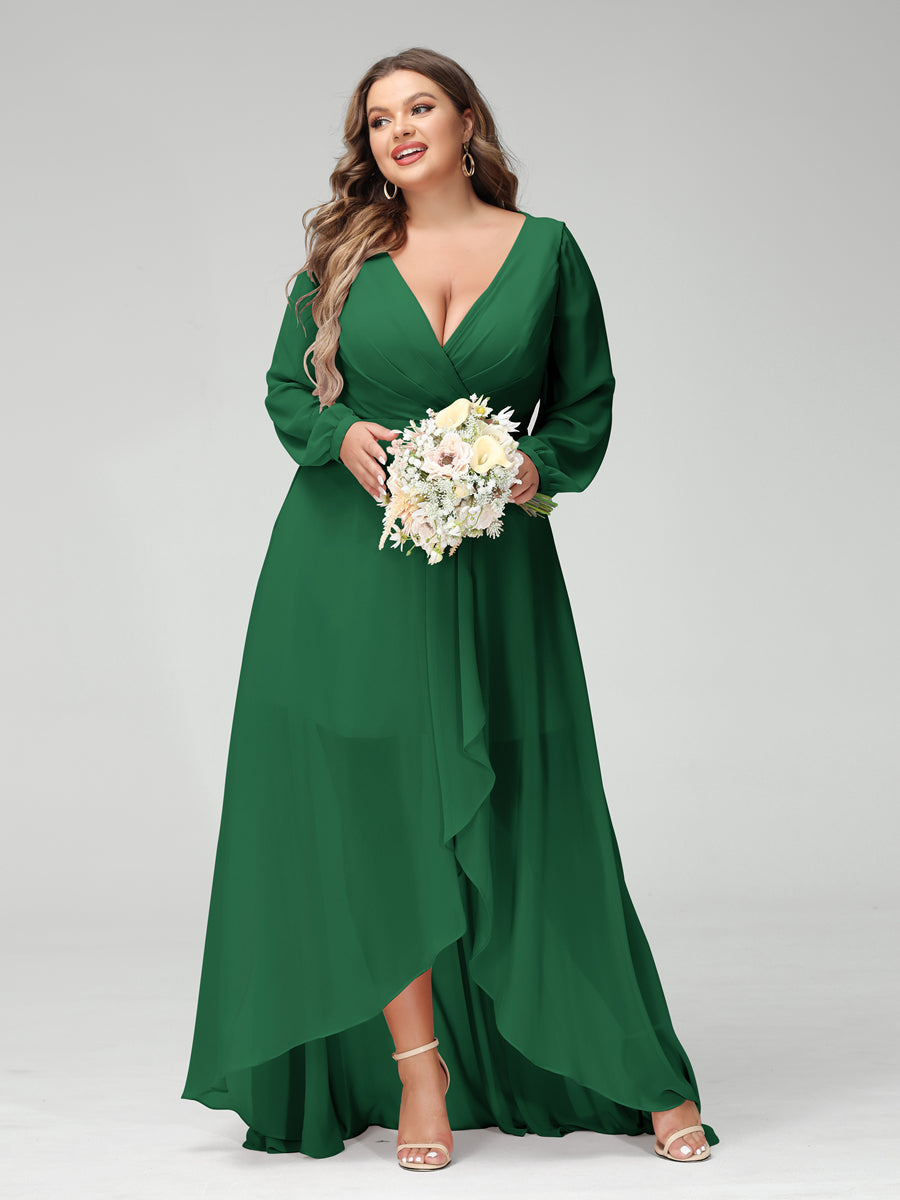 A-Line/Princess V-Neck Long Sleeves Chiffon Ruched Asymmetrical Plus Size Bridesmaid Dresses with Pockets - 画像 (66)