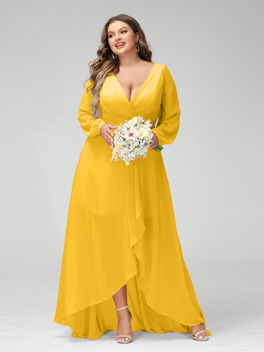 A-Line/Princess V-Neck Long Sleeves Chiffon Ruched Asymmetrical Plus Size Bridesmaid Dresses with Pockets - 画像 (70)