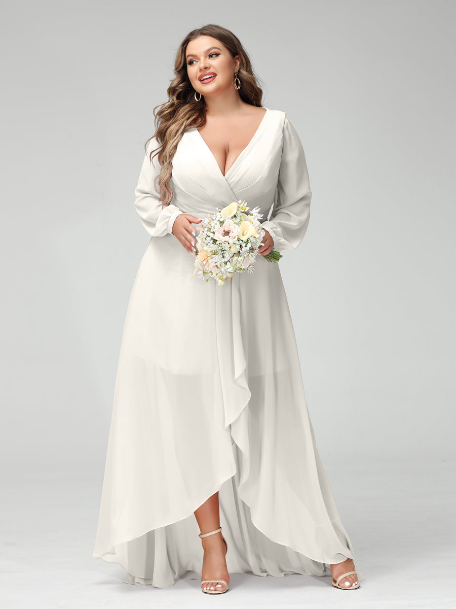 A-Line/Princess V-Neck Long Sleeves Chiffon Ruched Asymmetrical Plus Size Bridesmaid Dresses with Pockets - 画像 (20)
