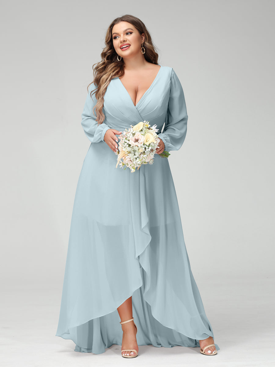 A-Line/Princess V-Neck Long Sleeves Chiffon Ruched Asymmetrical Plus Size Bridesmaid Dresses with Pockets - 画像 (46)