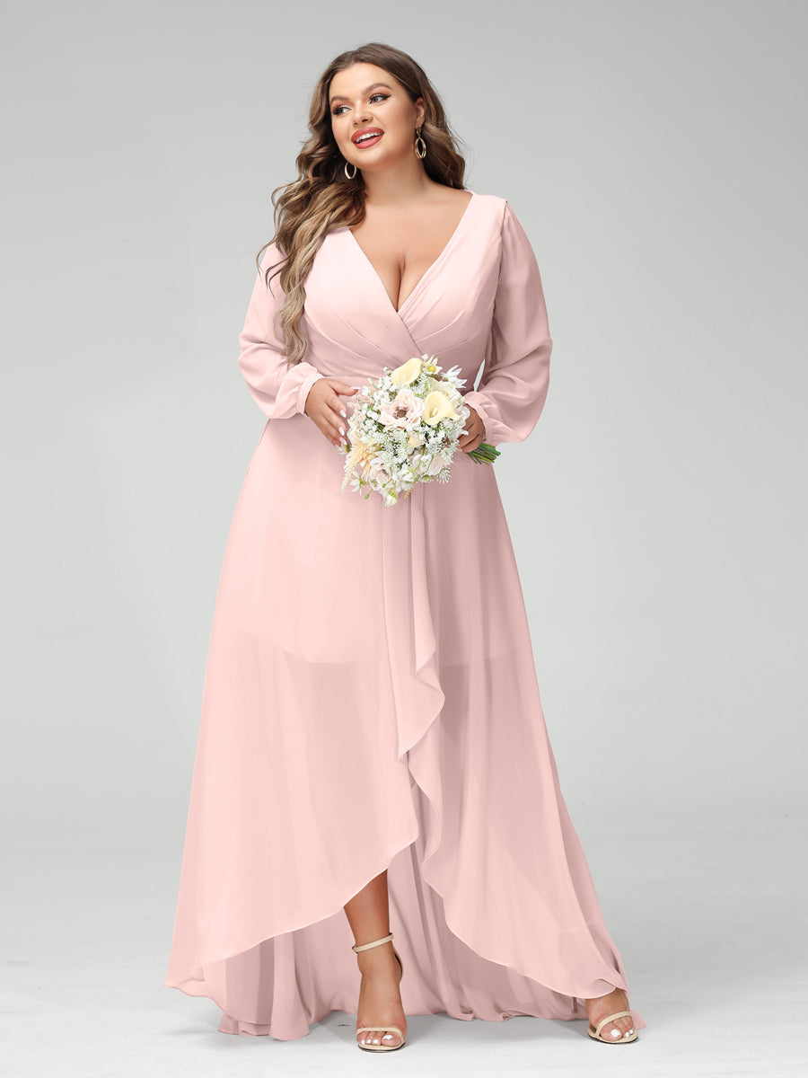 A-Line/Princess V-Neck Long Sleeves Chiffon Ruched Asymmetrical Plus Size Bridesmaid Dresses with Pockets - 画像 (26)