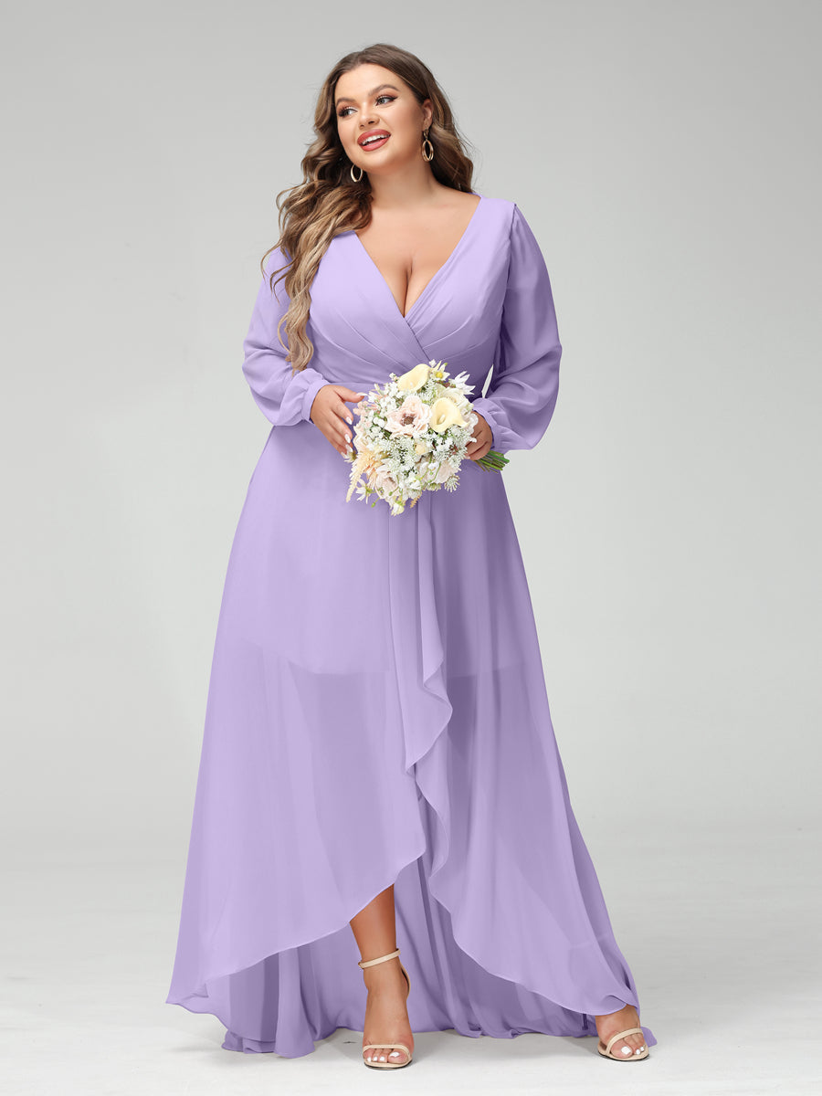 A-Line/Princess V-Neck Long Sleeves Chiffon Ruched Asymmetrical Plus Size Bridesmaid Dresses with Pockets - 画像 (13)