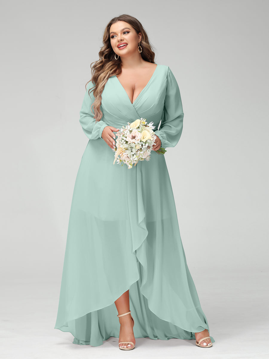 A-Line/Princess V-Neck Long Sleeves Chiffon Ruched Asymmetrical Plus Size Bridesmaid Dresses with Pockets - 画像 (59)