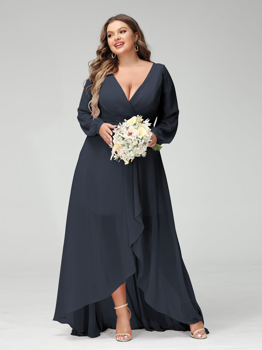 A-Line/Princess V-Neck Long Sleeves Chiffon Ruched Asymmetrical Plus Size Bridesmaid Dresses with Pockets - 画像 (58)