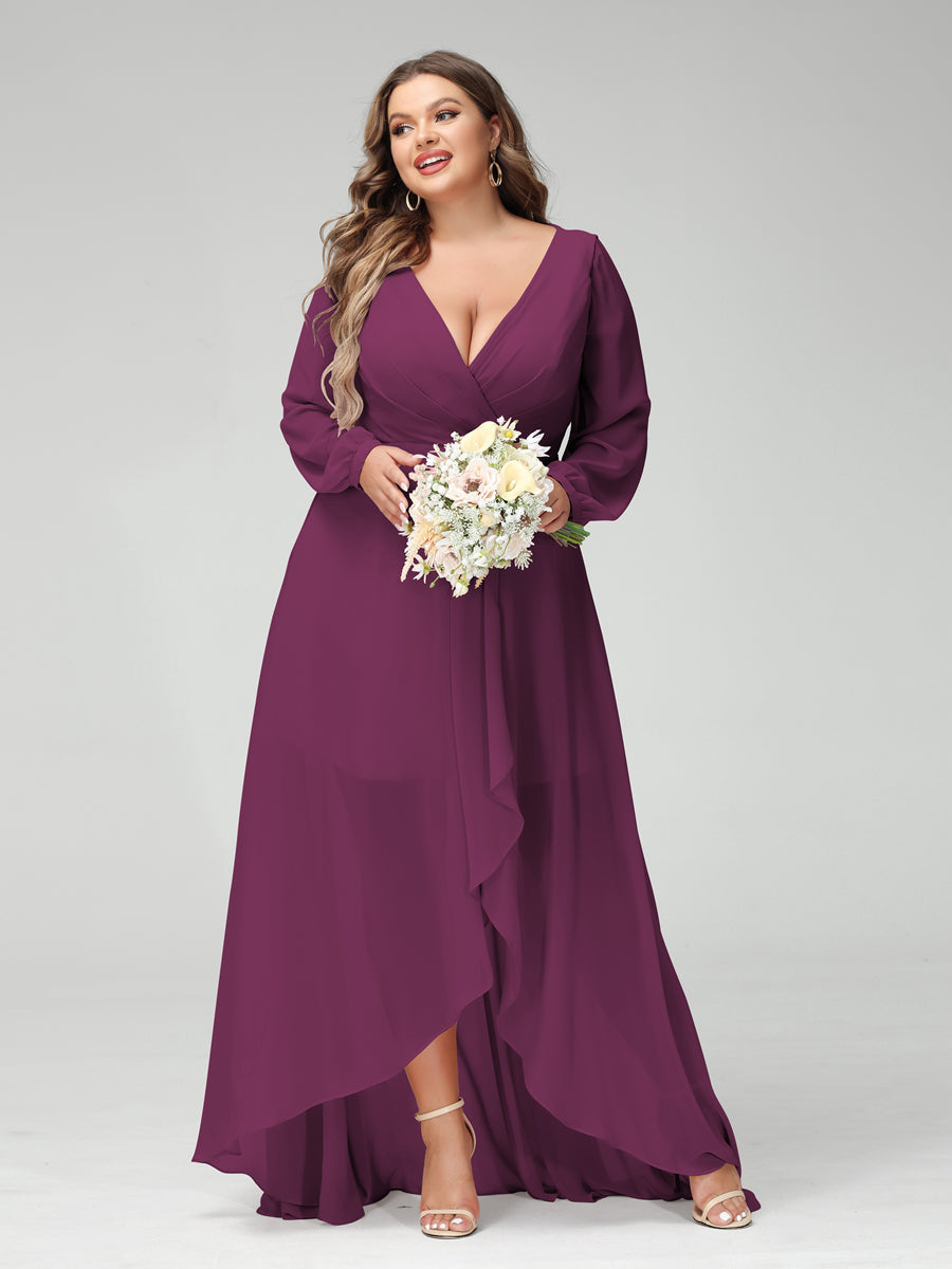 A-Line/Princess V-Neck Long Sleeves Chiffon Ruched Asymmetrical Plus Size Bridesmaid Dresses with Pockets - 画像 (43)