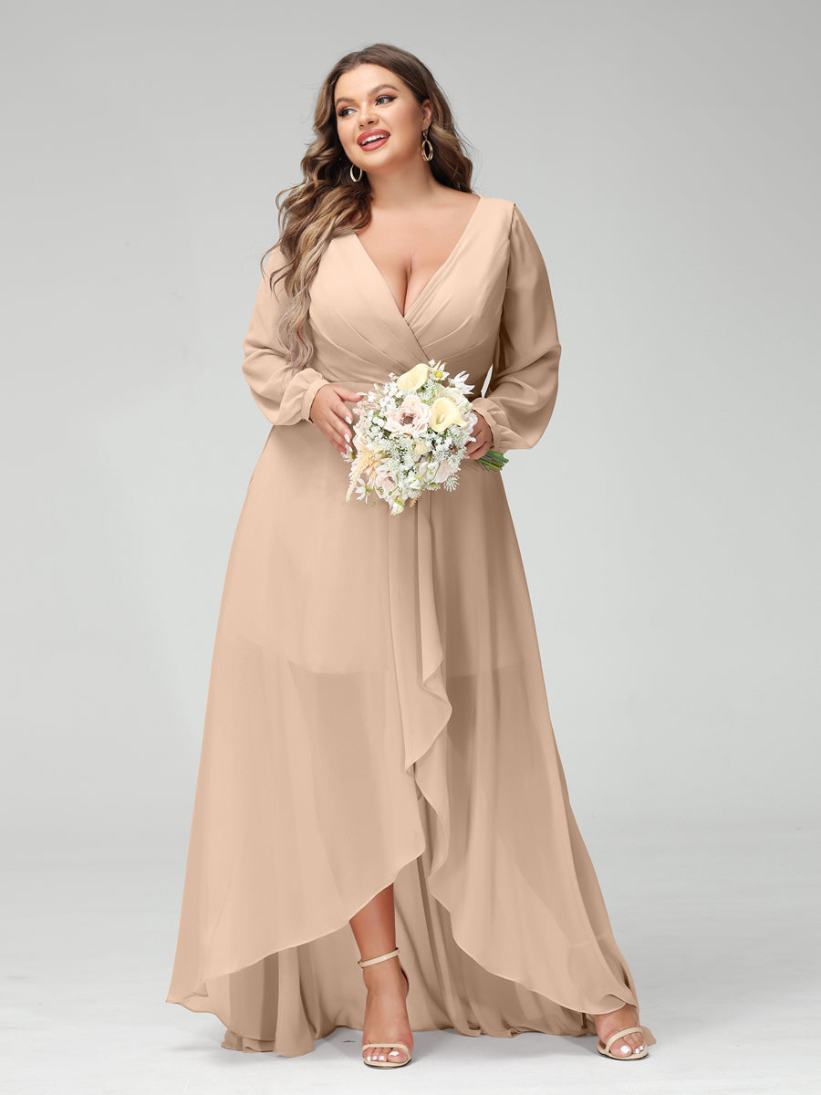 A-Line/Princess V-Neck Long Sleeves Chiffon Ruched Asymmetrical Plus Size Bridesmaid Dresses with Pockets - 画像 (28)