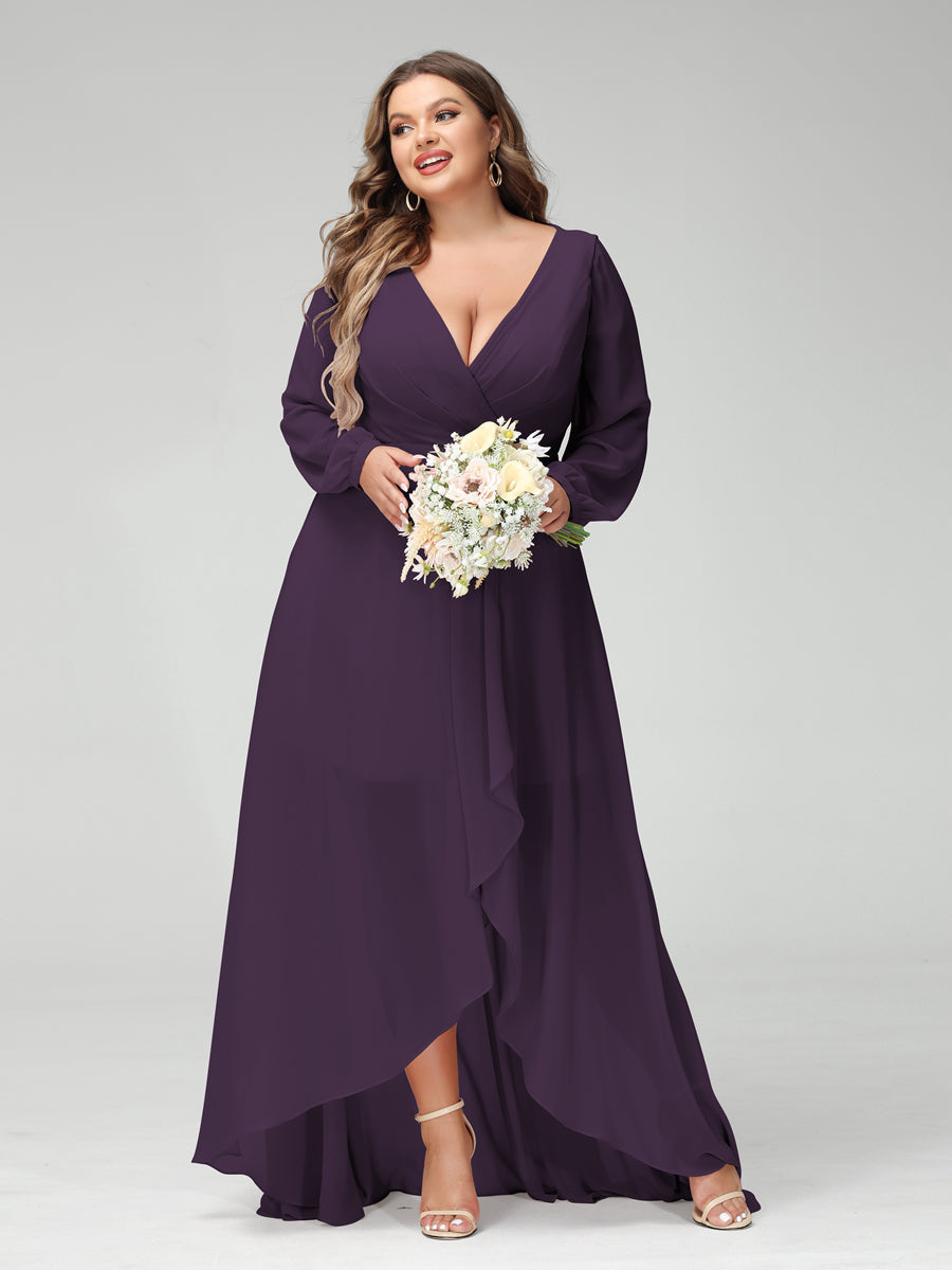 A-Line/Princess V-Neck Long Sleeves Chiffon Ruched Asymmetrical Plus Size Bridesmaid Dresses with Pockets - 画像 (45)