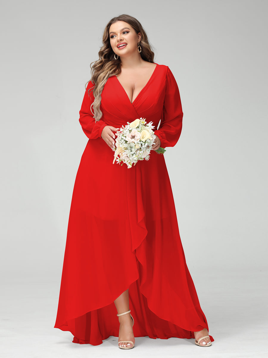 A-Line/Princess V-Neck Long Sleeves Chiffon Ruched Asymmetrical Plus Size Bridesmaid Dresses with Pockets - 画像 (35)