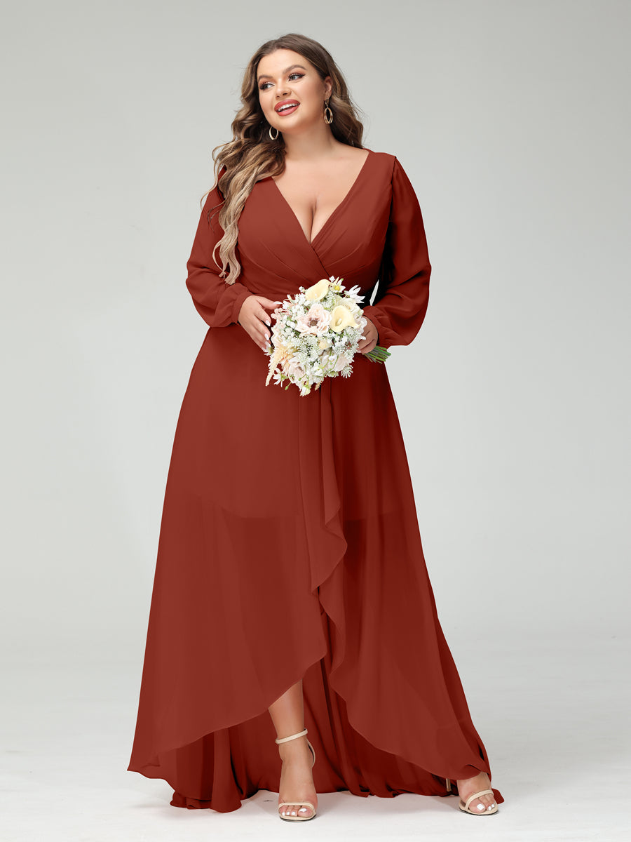 A-Line/Princess V-Neck Long Sleeves Chiffon Ruched Asymmetrical Plus Size Bridesmaid Dresses with Pockets - 画像 (12)